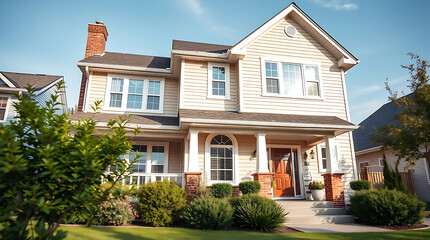 Dream House: Two-Story Beige House with Landscaping, Brick Pillars, and a Welcoming Porch