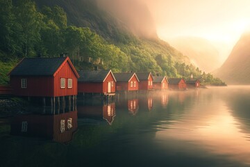Fototapeta premium A row of red wooden houses on the shore during sunrise, surrounded by green forests and misty mountains, reflecting in the calm waters of a Norwegian fjord landscape.