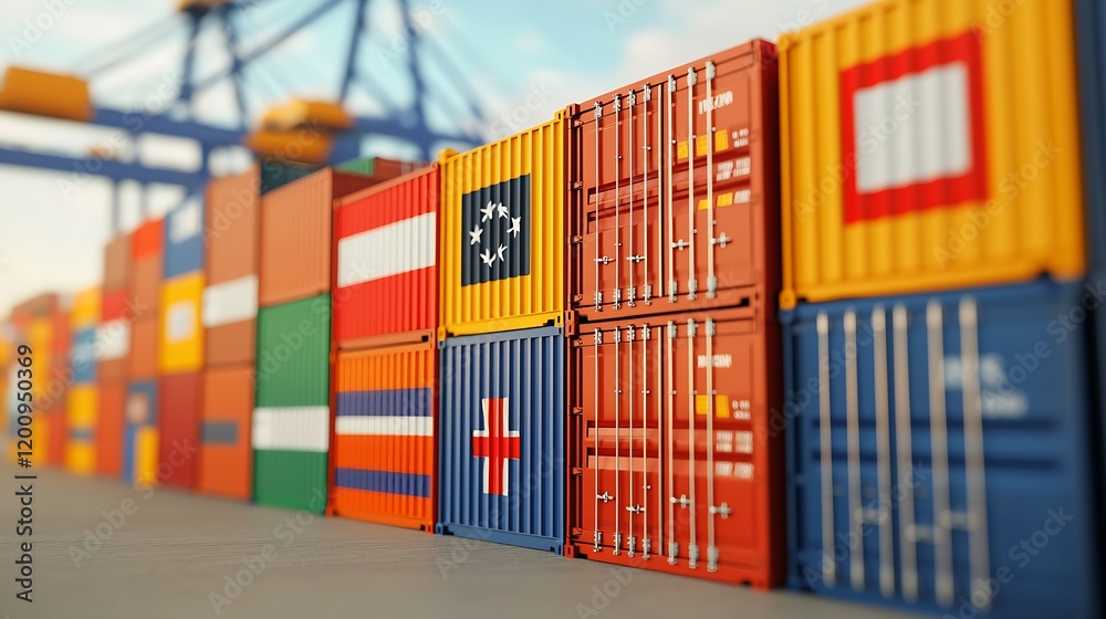 Poster Colorful Cargo Containers Lined Up at Shipping Port Awaiting Global Distribution : Generative AI