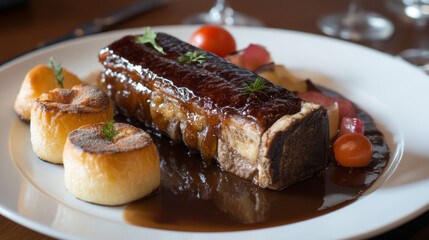 French cuisine food banners. Chocolate cake log, roasted lamb leg and baguette with garlic herb butter, baked chicken with tomatoes, duck confit and apple pie, creme brulee, vegetable meat stew Daube