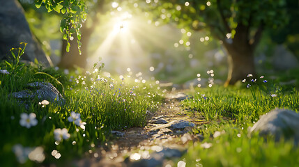 serene forest trail illuminated by sunlight, surrounded by vibrant greenery and blooming flowers, creating peaceful atmosphere