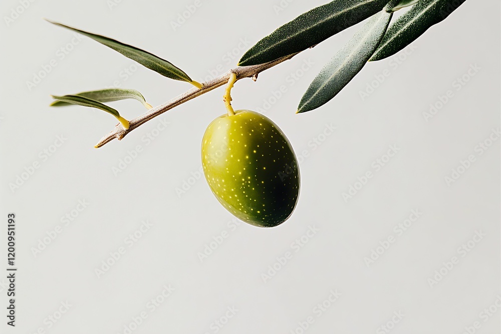Aufkleber close up of a single green olive hanging on a branch with leaves against a light background : genera