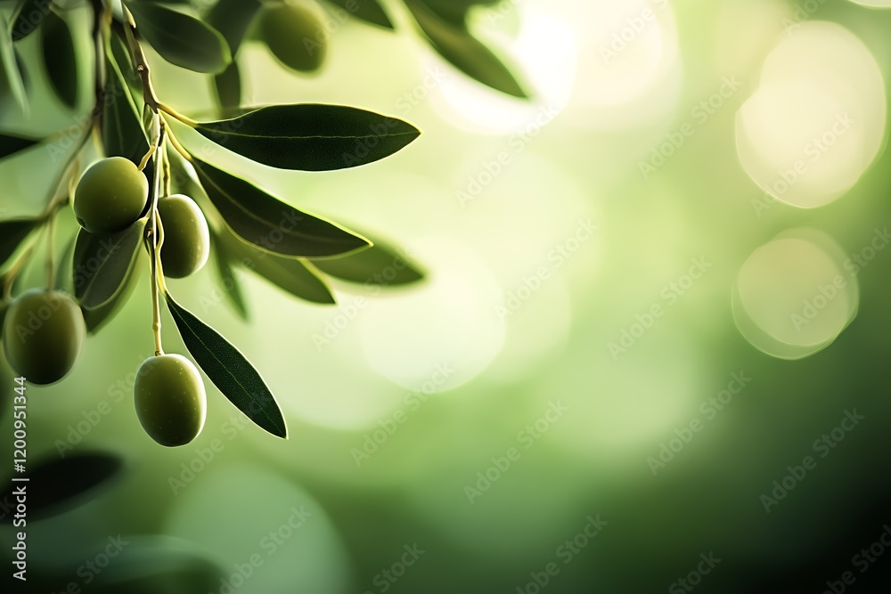Aufkleber serene closeup of lush green olive branch with soft bokeh lighting in natural setting : generative a