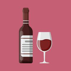 Wine bottle with glass icon in flat style. Alcohol drink vector illustration on isolated background. Champagne beverage sign business concept.