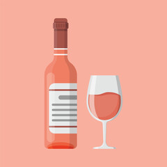 Wine bottle with glass icon in flat style. Alcohol drink vector illustration on isolated background. Champagne beverage sign business concept.