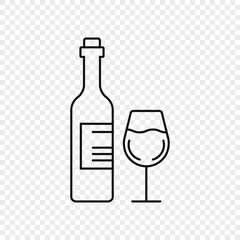 Wine bottle with glass icon in flat style. Alcohol drink vector illustration on isolated background. Champagne beverage sign business concept.