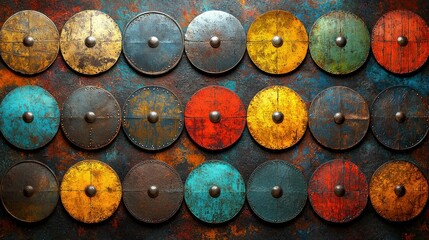 Colorful shields wall decor, rustic texture, metal background