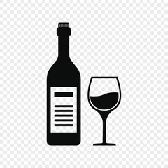 Wine bottle with glass icon in flat style. Alcohol drink vector illustration on isolated background. Champagne beverage sign business concept.