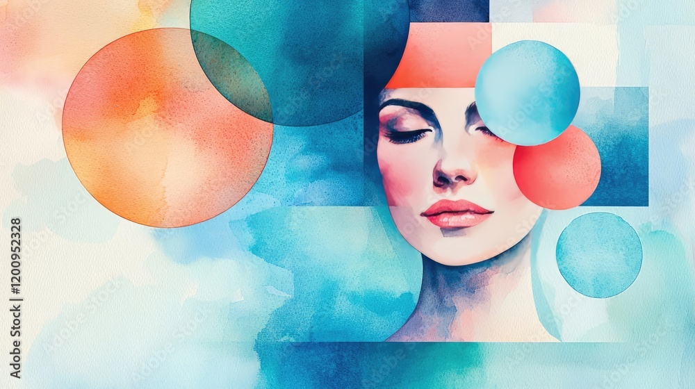 Poster geometric watercolor concept. a serene abstract portrait with colorful circles around a woman's face