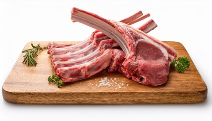 Raw lamb ribs on wooden chopping Board on white background. Generated image