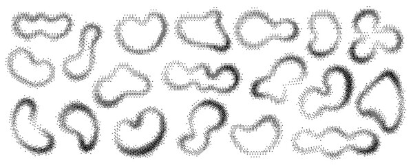 Bitmap pattern background organic shapes. Y2K gradient retro vector elements. Abstract noisy glitch halftone doodles. Decorative aesthetic frames.