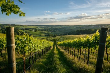 Fototapeta premium A wooden fence post in the foreground with vineyards and rolling hills, golden hour lighting and blue sky