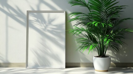 Bright Indoor Space with Blank Frame and Lush Green Plant