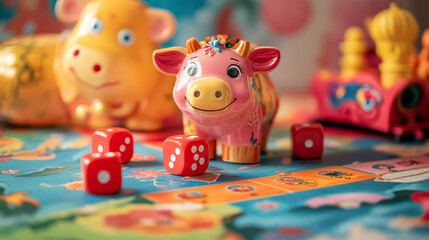 Child New Year board game with Chinese zodiac ox and paper lanterns. Roll and move board game for kids, children playing activity book page. Oriental red lantern and bull character cartoon vector