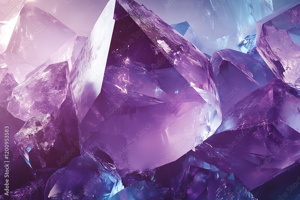 Aufkleber ethereal cluster of lilac-colored crystals with radiant light in a mystical setting : generative ai