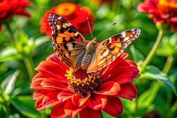 Aerial View: Painted Lady Butterfly on Red Flower, Summer Garden
