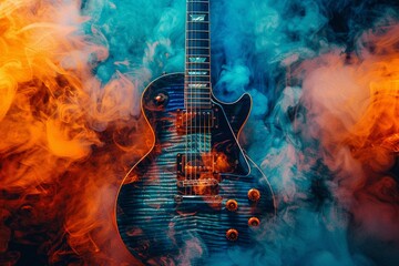 Blue and orange smoke filled around a guitar