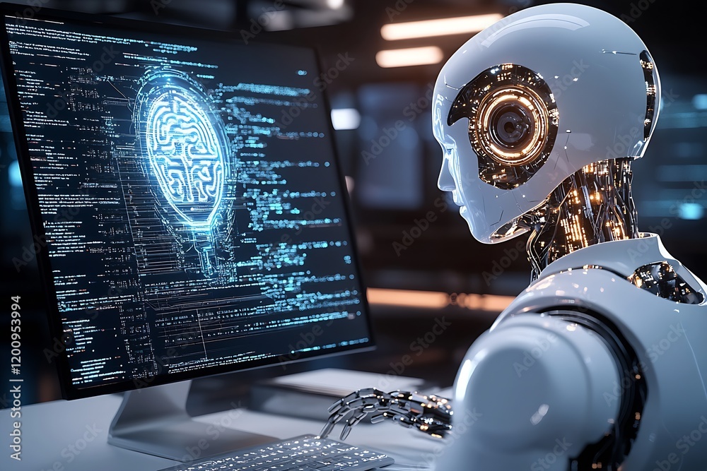 Fototapete Futuristic Robot Analyzing Data on Computer with Glowing Brain Interface : Generative AI