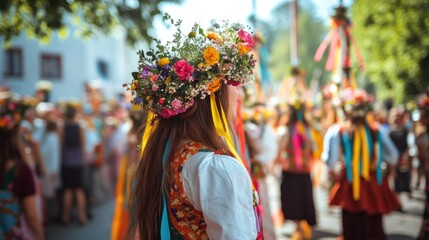 Fototapeta premium Woman in floral crown, folk costume, parade, crowd of people