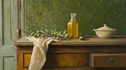 Still life of olives and oil on rustic table, green background, kitchen setting, food photography