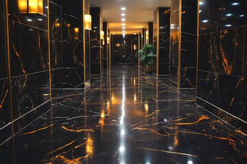 A glossy black marble background with bright gold veins running diagonally for an upscale aesthetic.
