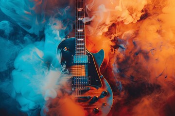 Blue and orange smoke filled around a guitar