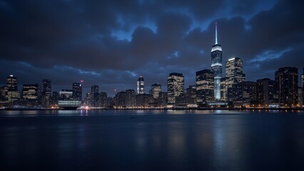 Fototapeta premium Night envelops NYC's skyline; twinkling lights reflect off the serene waters below. Dark blue heavens adorned with fluffy clouds contrast the city’s luminescence