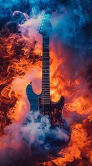 Blue and orange smoke filled around a guitar