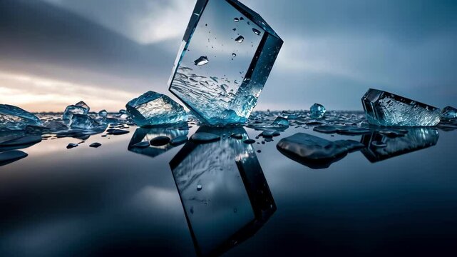 Ice reflections create a serene atmosphere on water surface, showcasing natural beauty and calmness during dusk