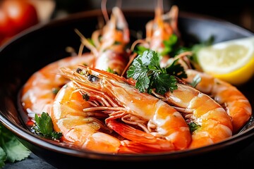 Gourmet shrimp dish with lemon and parsley in elegant black bowl : Generative AI