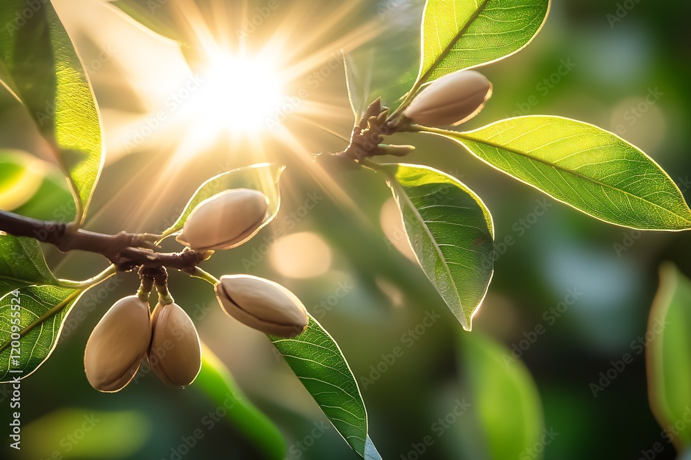 Poster sunlit garden plant with glossy leaves and clustered pods in nature : generative ai