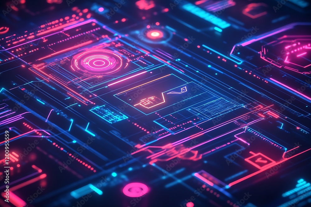 Poster Futuristic Neon Circuit Board with Digital Holographic Interfaces and Virtual Screens : Generative AI