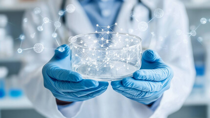 scientist in lab coat holds petri dish, surrounded by digital molecular structures, symbolizing research and innovation in science