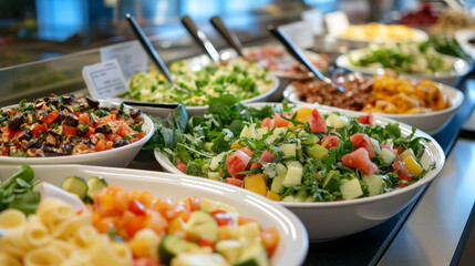 Lunch with soup and salad dishes icon of pasta salad with cheese, tomato and olive, mushroom soup and pie, salmon salad, beet and pumpkin soups, carrot salad with fruit and nuts, marinated beet snack