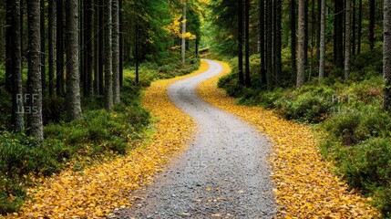 Naklejka premium Serene winding path through a forest with autumn leaves.