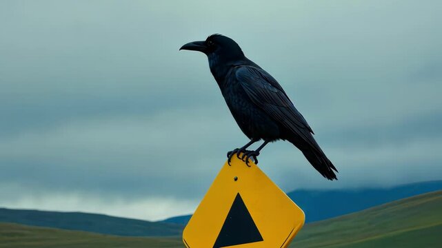 Raven perched on yellow triangular sign against cloudy backdrop featuring vast landscape, creating a dramatic and eerie atmosphere