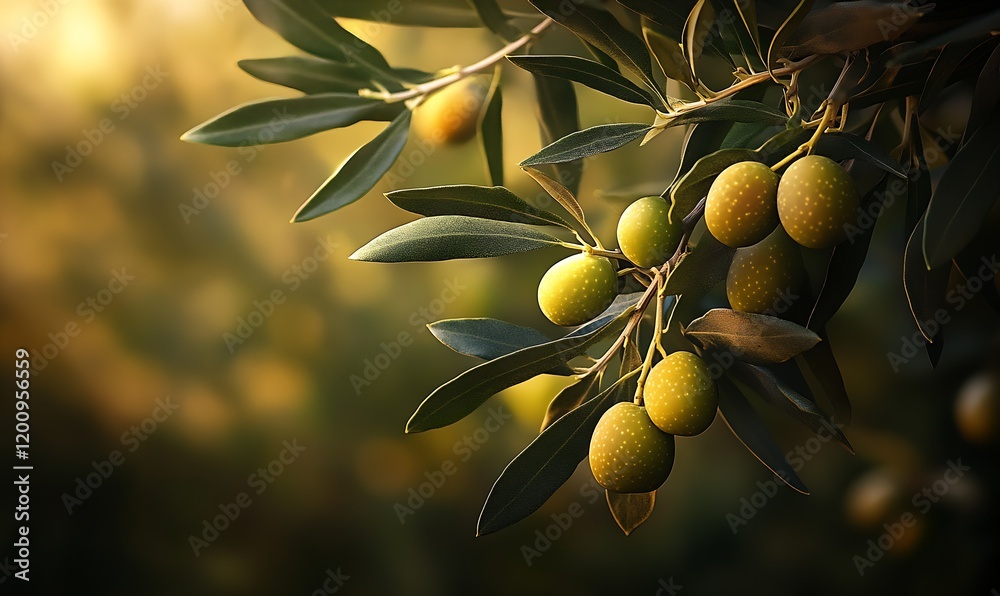 Poster sunlit closeup of green olives on tree branch in scenic mediterranean garden : generative ai