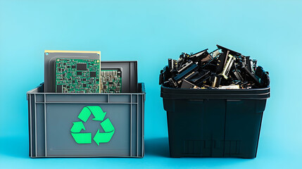 Fototapeta premium Recycling bins with old electronic components in an office setting