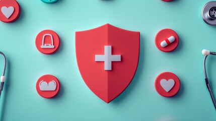 Fototapeta premium Shield with Health Symbols on Mint Green Background for Wellness Theme