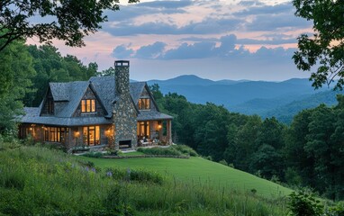 A charming mountain house with a stone chimney, perched on a green hillside with majestic mountain views