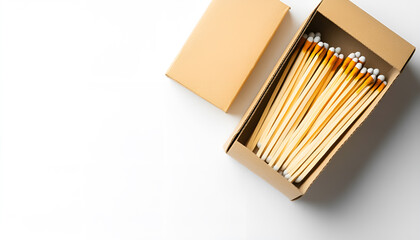 Cardboard boxes with matches on white background, top view. Space for design
