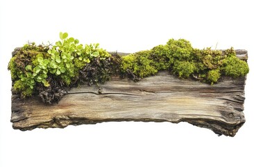 Wooden plank with moss and plants isolated on white.