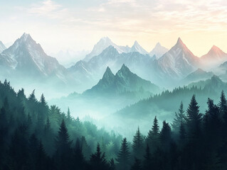Obraz premium Tranquil Misty Mountain Landscape with Dense Green Forests