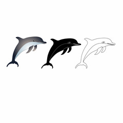 Dolphin Silhouette Icon Set.A set of dolphin illustrations in gradient, black silhouette, and outline styles. Perfect for marine life, wildlife, and aquatic-themed designs