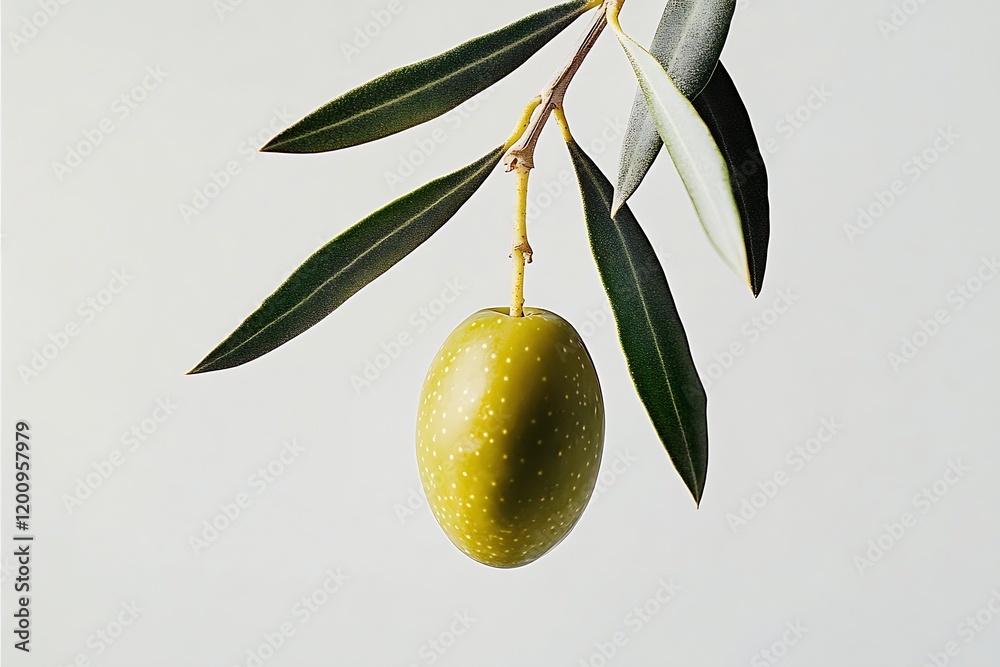 Poster solitary green olive on a branch with lush leaves and a soft light background : generative ai