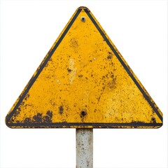Rusty, weathered yellow triangular warning sign on a pole.
