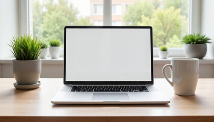 Fototapeta premium Minimalist Workspace Setup with Laptop and Plants by Window
