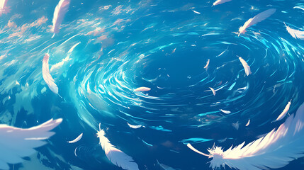 A serene whirlpool in a vibrant ocean, adorned with floating feathers, evoking tranquility and wonder