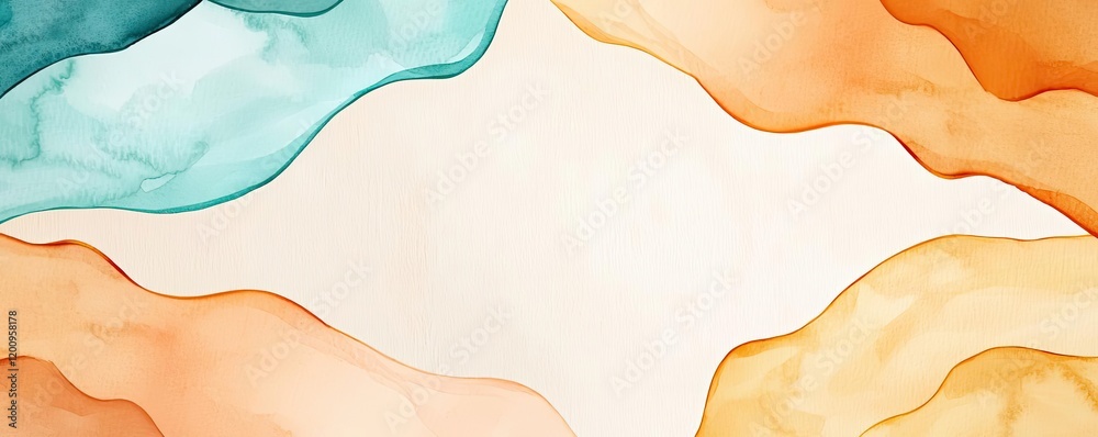 Poster Neutral watercolor concept. Abstract flowing shapes in turquoise and orange, creating a serene backdrop for design.