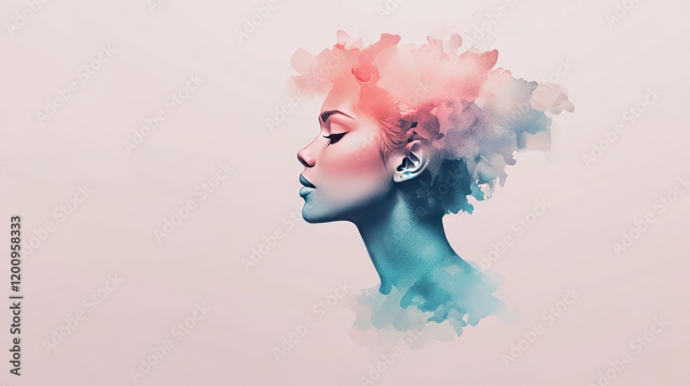 Aufkleber minimalist watercolor idea. a colorful portrait blending human features with artistic elements of na